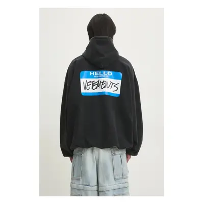 Bavlněná mikina VETEMENTS My Name Sticker Cropped Boxy černá barva, s kapucí, s potiskem, UA66HD