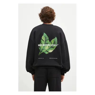 Mikina MKI MIYUKI ZOKU Leaf Crewneck Sweat pánská, černá barva, s potiskem, LEAF.CREWNECK.SWEAT