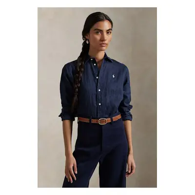 Lněná košile Polo Ralph Lauren tmavomodrá barva, regular, s klasickým límcem, 211970730