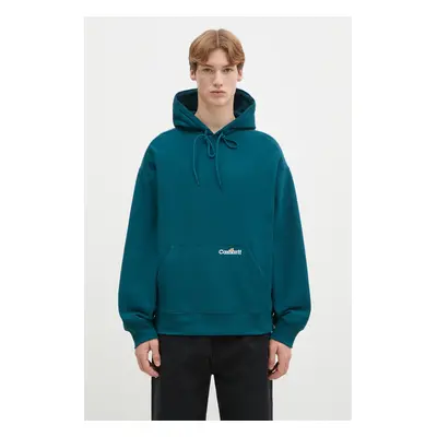 Bavlněná mikina Carhartt WIP Hooded Label Script Sweat pánská, tyrkysová barva, s kapucí, hladká