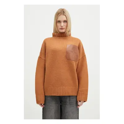 Vlněný svetr JW Anderson Leather Patch Pocket Jumper dámský, oranžová barva, s golfem, KW1292.YN