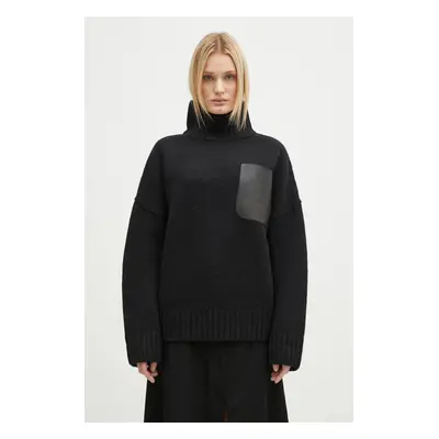 Vlněný svetr JW Anderson Leather Patch Pocket Jumper dámský, černá barva, s golfem, KW1292.YN036