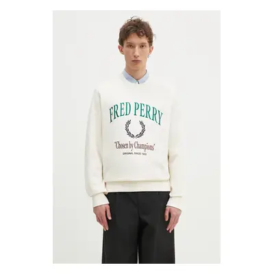 Bavlněná mikina Fred Perry pánská, béžová barva, s aplikací, M9891.560