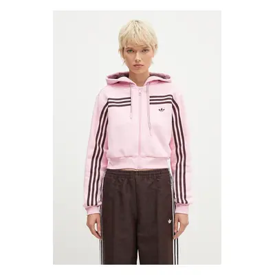 Mikina adidas Originals 70s Short Fullzip Fleece Hoodie dámská, růžová barva, s kapucí, s aplika