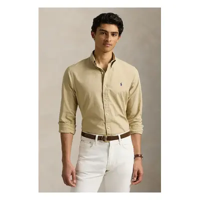 Bavlněná košile Polo Ralph Lauren béžová barva, slim, s límečkem button-down, 710960643