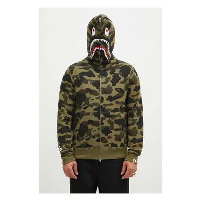 Bavlněná mikina A Bathing Ape 1St Camo 2Nd Shark Full Zip pánská, zelená barva, s kapucí, vzorov