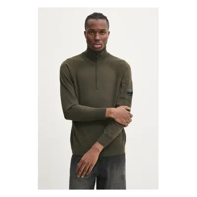 Vlněný svetr C.P. Company Extra Fine Merino Wool Half Zipped Knit pánský, zelená barva, lehký, s