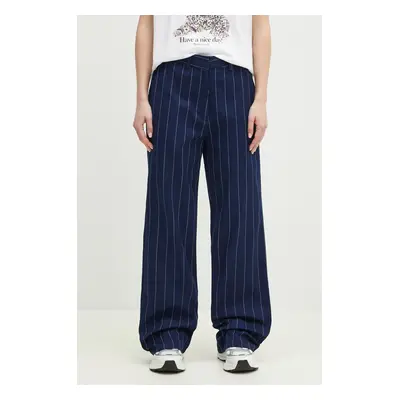 Kalhoty adidas Originals PINSTRIPE PANTS dámské, tmavomodrá barva, jednoduché, high waist, JJ348