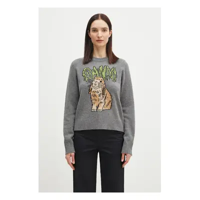 Vlněný svetr GANNI Graphic Wool Mix Bunny dámský, šedá barva, K2502