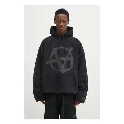 Bavlněná mikina VETEMENTS Double Anarchy Cropped Boxy pánská, černá barva, s kapucí, s potiskem,