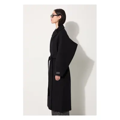 Vlněný kabát Kenzo Long Cashemere Coat černá barva, přechodný, dvouřadový, FE62MA2169WA.99