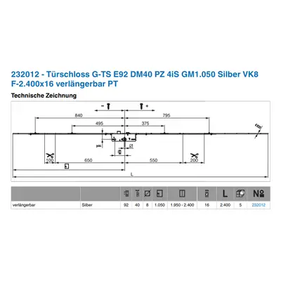 G-TS zámek ovládaný klikou E92 PZ 4iS DM40 VK8 F-2400X16, prodlužitelný PT