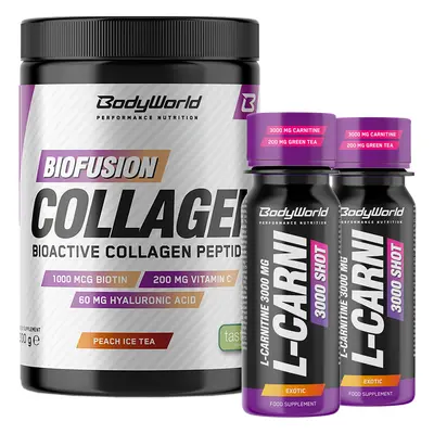 BodyWorld Biofusion Collagen 300 g jahoda + 2x L-Carnitine 3000 Shot 80 ml ZADARMO