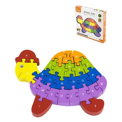 DŘEVO 3D Puzzle skládačka želva 24cm s abecedou 26 dílků v krabici