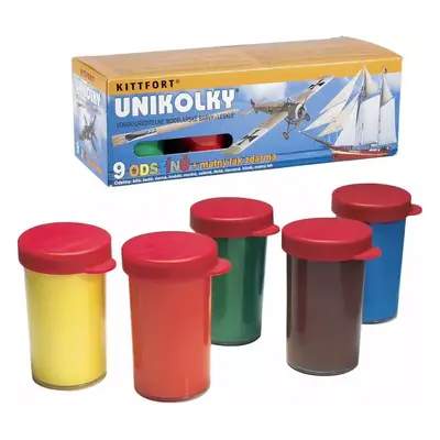 Unikolky modelářské lesklé barvy set 9 barev + matný lak ZDARMA vodou ředitelné