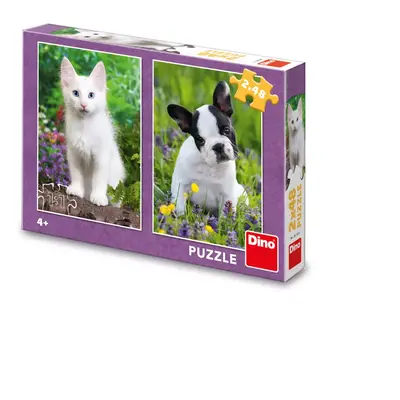 Puzzle 2x48 dílků buldoček a kotě