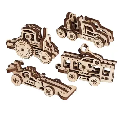 Ugears 3D dřevěné mechanické puzzle 4 mechanické přívěšky Vozidla