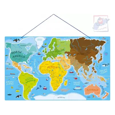 WOODY DŘEVO Svět v obrázcích 77x47cm Hra Puzzle naučné 2v1 mapa světa 86 dílků