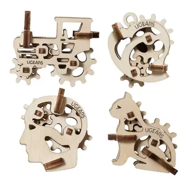 Ugears 3D dřevěné mechanické puzzle 4 mechanické přívěšky Charakterové symboly