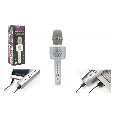 Mikrofon karaoke Bluetooth stříbrný na baterie s USB kabelem v krabici 10x28x8,5cm