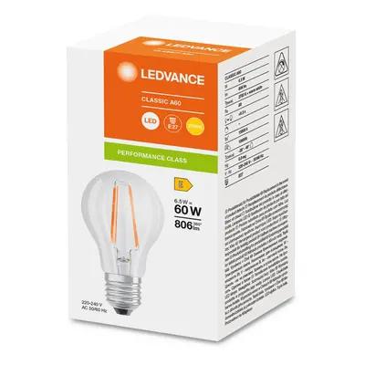 OSRAM LED žárovka filament E27 6,5W 827, transparentní