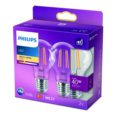 Philips Philips LED žárovka E27 4,3W 2700K filament 2 ks