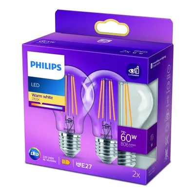 Philips Žárovka Philips LED E27 7W 2 700K s čirým vláknem, sada 2 kusů