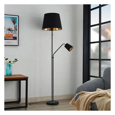 Lindby Stojací lampa Lindby Efalia, černá/zlatá, textil, světlo na čtení