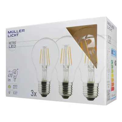 Müller-Licht LED žárovka E27 4W 2 700 K filament sada 3ks 470lm