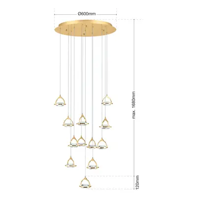 Orion LED závěsné Moon, K9 křišťál, 12 zdrojů zlatá