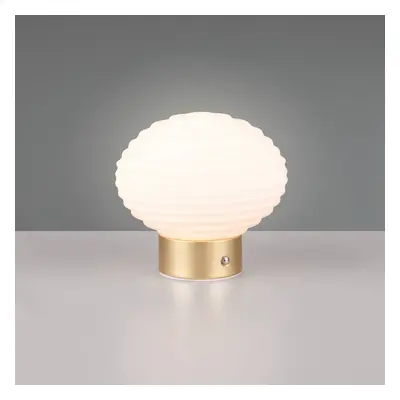 Reality Leuchten Nabíjecí stolní lampa Earl LED, mosaz/opál, výška 14,5 cm, sklo