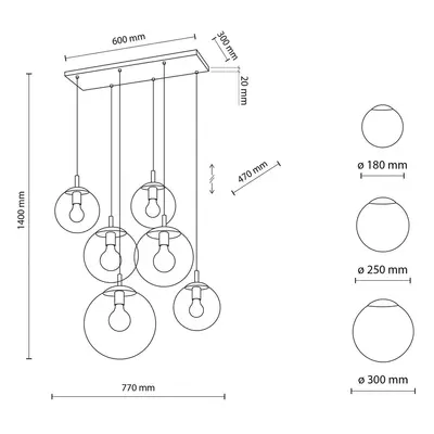 TK Lighting Závěsné svítidlo Esme, sklo, grafitově průhledné, 6 světel, obdélníkové