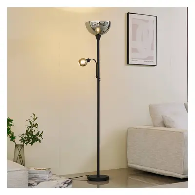 Lindby Stojací lampa Lindby Nehemia, černá, sklo, světlo na čtení, 185 cm