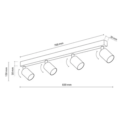 TK Lighting Horní stropní reflektor, černý, délka 83 cm, ocel, 4 světla.