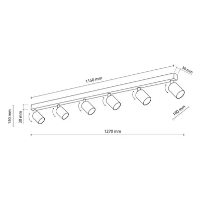 TK Lighting Horní stropní reflektor, černý, délka 127 cm, ocel, 6 světel.