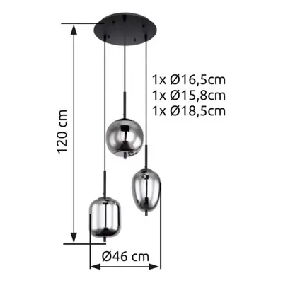 Globo Závěsná lampa Blacky, černá/kouřově šedá, Ø 46 cm, sklo, 3 světla.