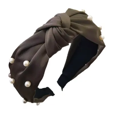 Flamenco Mystique Čelenka z hrubé tkaniny s korálky, khaki barva, délka 42 cm, šířka 4 cm