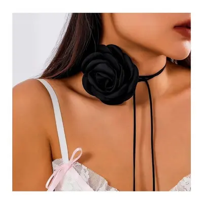 Flamenco Mystique Elegantní Choker Náhrdelník s Květinou Růže, Černý, Délka Šňůrky 145 cm, Průmě