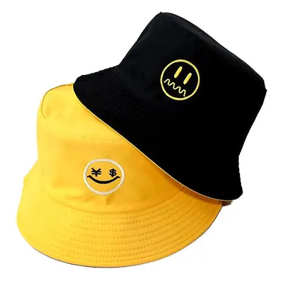 Oboustranný Rybářský Klobouk BUCKET HAT, Černá/Žlutá s Emotikonem, Polyester/Bavlna, Univerzální