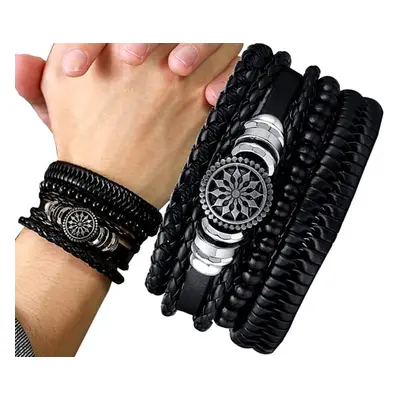 Unisex Sada 4 Kožených Náramků Punk Black Rock, Černá/Bílá, Vnitřní Obvod 15,5-16,5 cm