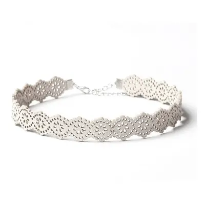 Flamenco Mystique Ažurový vrstvený náhrdelník choker, bílý, z kůže a obecných kovů, 33+7 cm x 1,