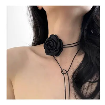 Flamenco Mystique Elegantní Náhrdelník Choker s Květinou Růže, Černý, Délka Řemínku 145 cm, Prům