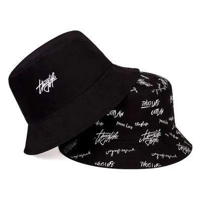 Oboustranný rybářský klobouk BUCKET HAT, černý s nápisy, polyester/bavlna, univerzální