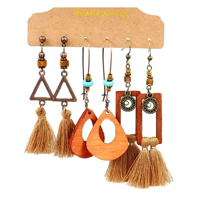 Ručně Malované Etnické Náušnice Boho, Měděné a Dřevěné, Set 3 Párů, Rozměry 5-7.5 cm