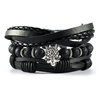 Unisex Sada 3 Náramků Punk Black Wolf, Černá a Hnědá, Kůže a Šňůrka, Obvod 15.5-16.5 cm