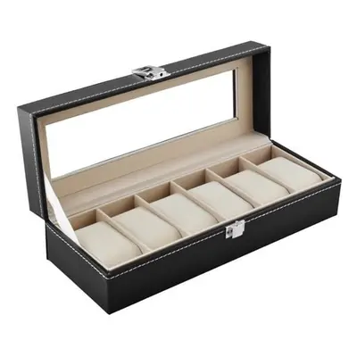 Malatec Organizér na hodinky a šperky s 6 přihrádkami, černý, PU zátěr/MDF deska, 30x11,2x8,1 cm