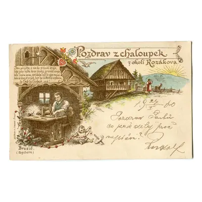 okres Semily. Brusič z chaloupek u Kozákova. 1900. Litografie.