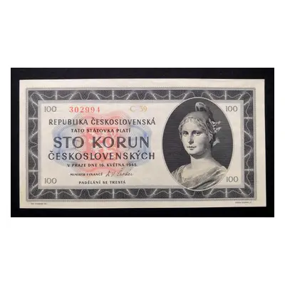 100 korun 1945 neperforovana serie C 39 Unc