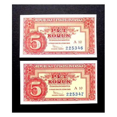 5 korun 1949 serie A 10 perf. 3m.d. postupka 2 kusy v Unc