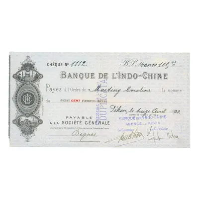 Francouzská Indočína Šek na 100 franků Beijing (Peking) Agency 1922